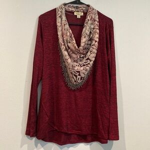 Oneworld Red Long Sleeve Blouse with Detachable Sheer Scarf - Size Large